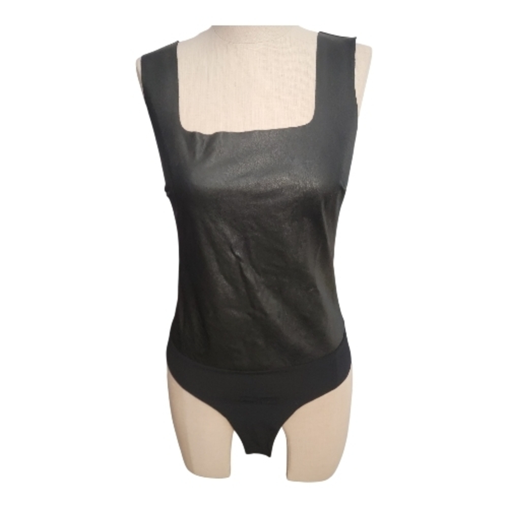 Commando, Faux Leather Black Sleeveless Bodysuit, Size Medium